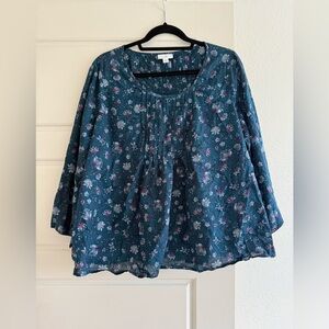 J.Jill Blue Floral Pintuck Peasant Blouse Size L
